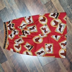 Vintage Alexander Campbell Red and Yellow Horse Portrait Pencil Skirt, Size 10.